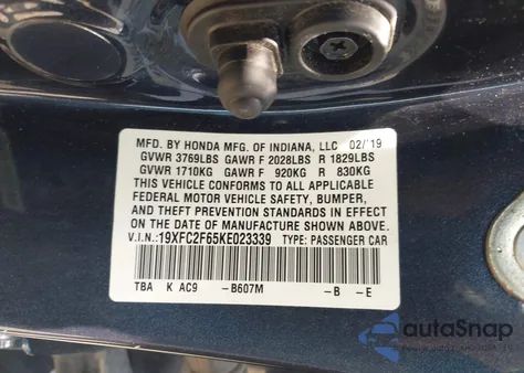 2019 Honda Civic Lx from USA, damaged, VIN 19XFC2F65KE023339